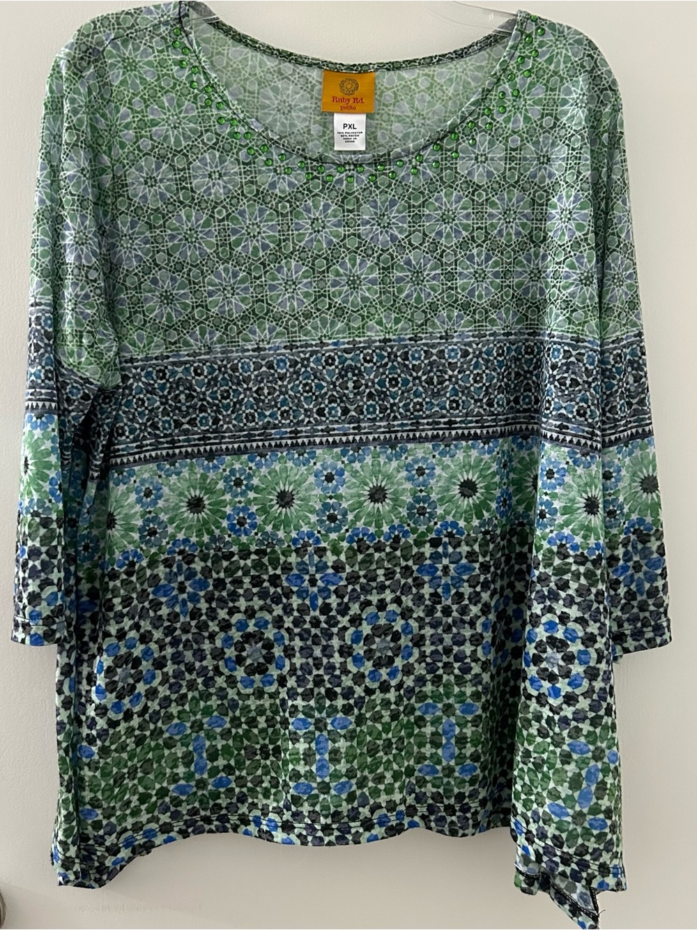 Ruby Rd. Green and Blue Mixed-Print Tunic Top